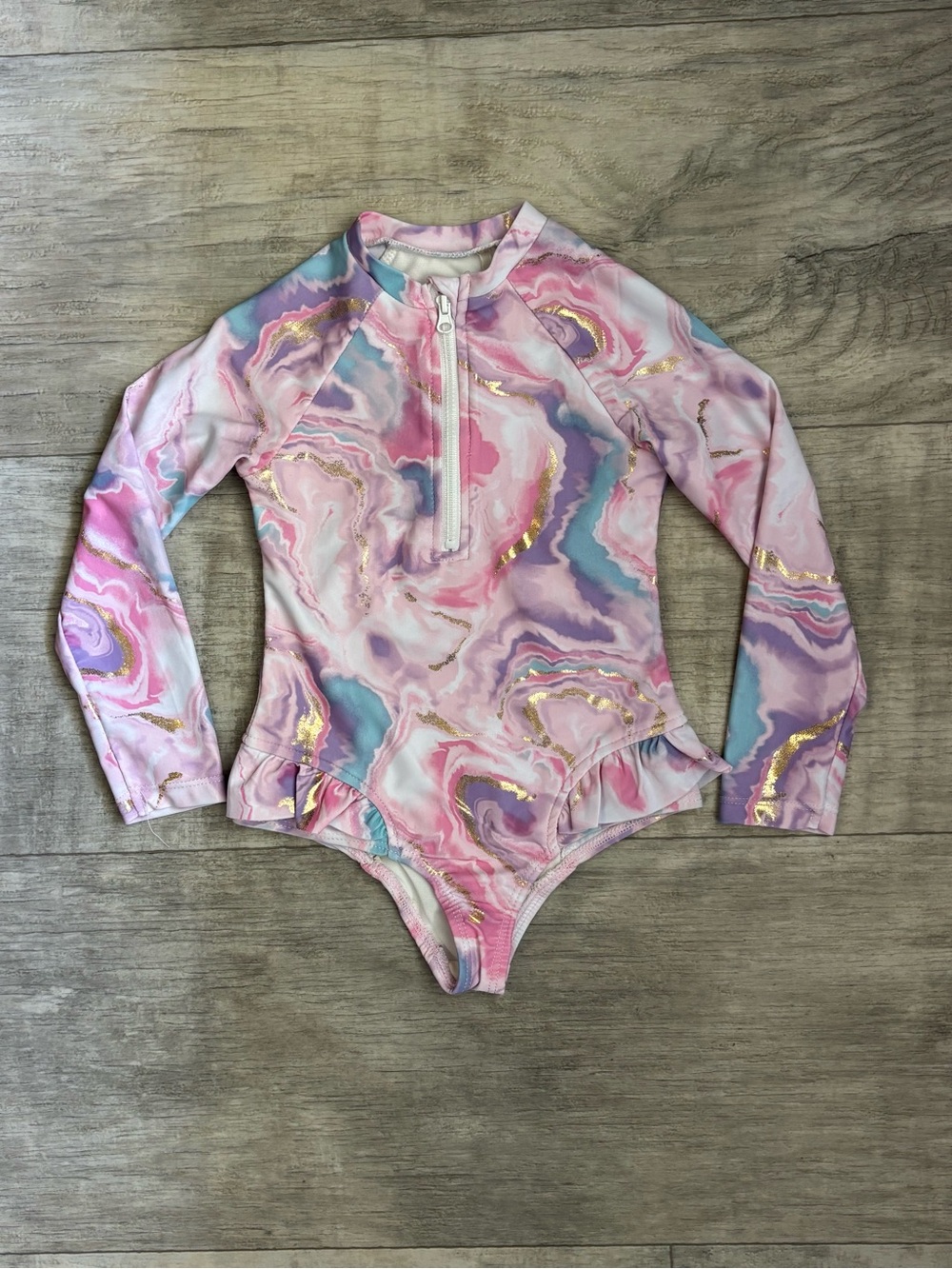 Girls' 3T Pink Marble Long-Sleeve One-Piece Swimsuit with Ruffle Hem-031
